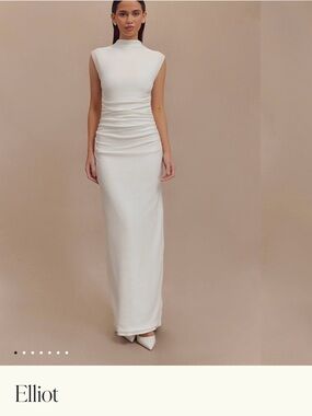 Meshki White High-Neck Ruched Maxi Dress